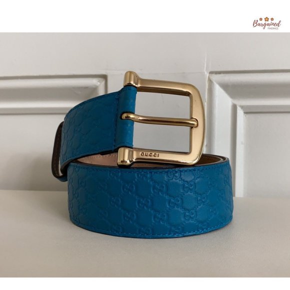 Authentic GUCCI Teal Blue Microguccissima Leather Gold Buckle Belt Size 80/32